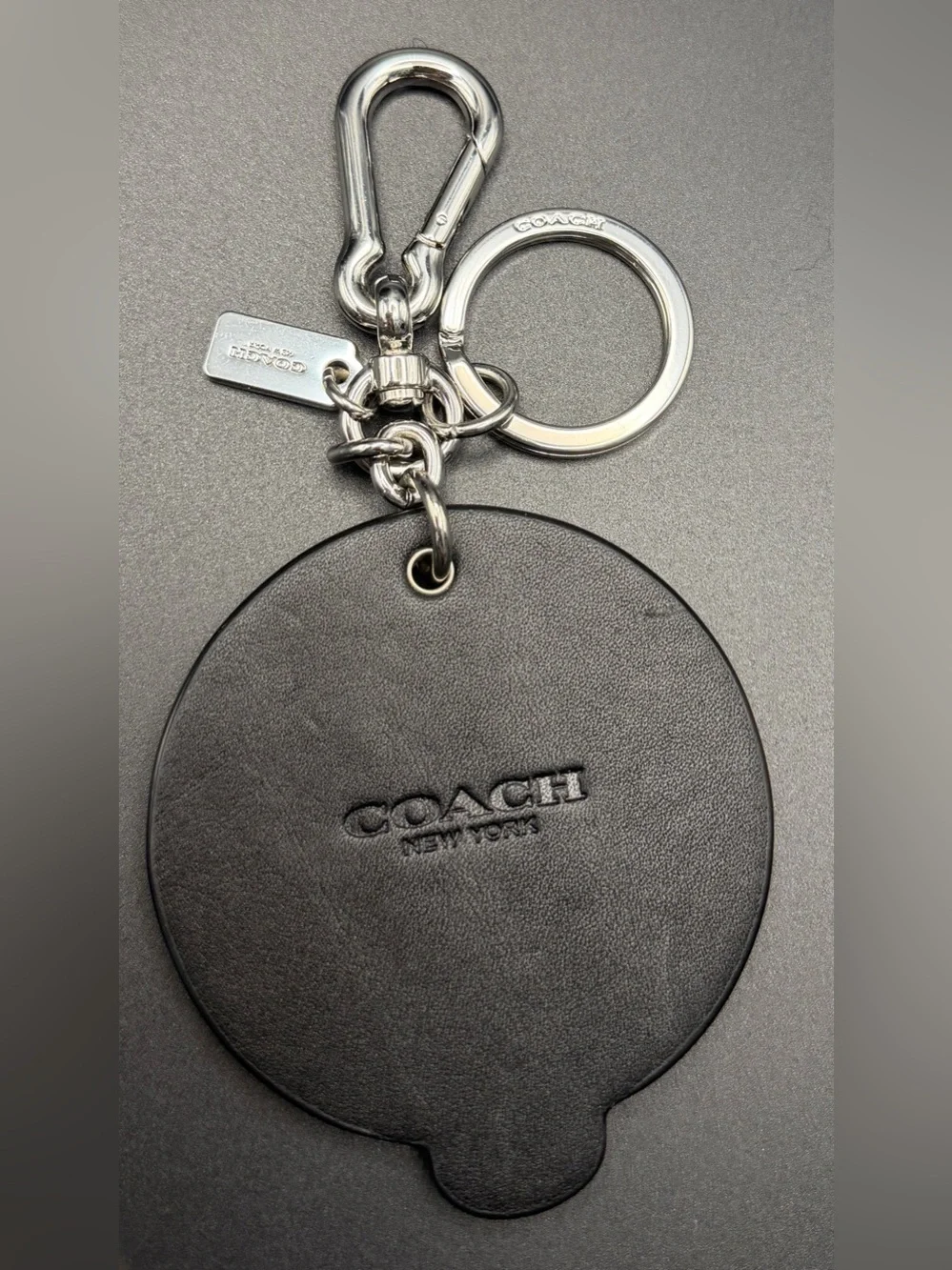 Coach Black Leather Emoji Keychain with Yellow Lightning Eyes & Red Tongue